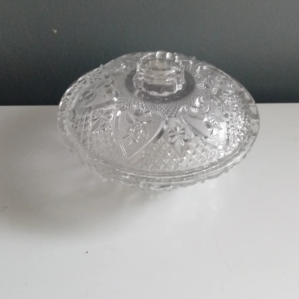 Clear Crystal Glass Footed Bowl With Dome Shape Lid Heart Etched Vintage Serving